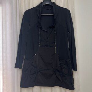 Tribal Woman's pullover black jacket dress with ruched detail and pockets
